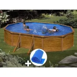 Kit Piscine Acier Aspect Bois Gré Sicilia Ovale 5,27 X 3,27 X 1,22 M + Bâche à Bulles