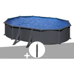 Kit Piscine Acier Gris Anthracite Gré Juni Ovale 6,34 X 3,99 X 1,32 M + Douche - Anthracite