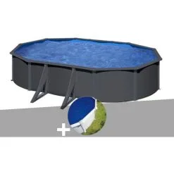 Kit Piscine Acier Gris Anthracite Gré Louko Ovale 5,27 X 3,27 X 1,22 M + Bâche à Bulles - Anthracite